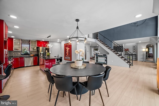 110 Rue Du Boise, Cherry Hill, NJ 08003 - dining space featuring stairs, recessed lighting, a chandelier, and light wood-style floors