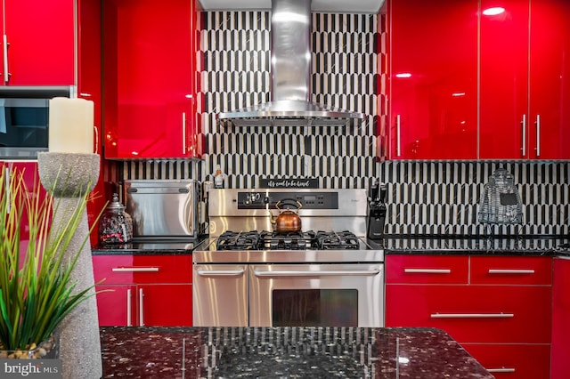 110 Rue Du Boise, Cherry Hill, NJ 08003 - kitchen with red cabinets, stainless steel gas stove, wall chimney exhaust hood, and refrigerator