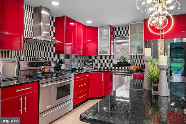 110 Rue Du Boise, Cherry Hill, NJ 08003 - kitchen featuring red cabinets, appliances with stainless steel finishes, wall chimney range hood, and recessed lighting