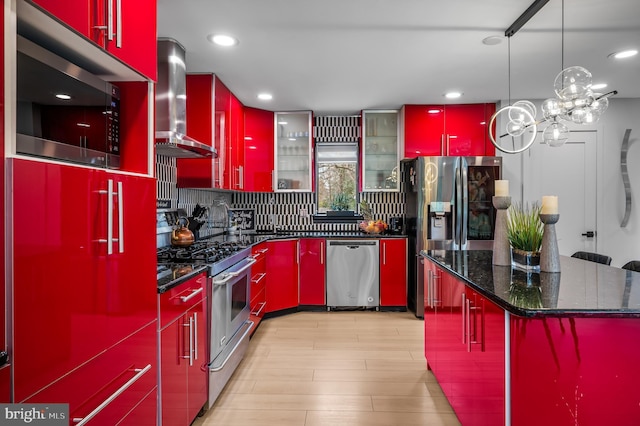 110 Rue Du Boise, Cherry Hill, NJ 08003 - kitchen featuring red cabinets, stainless steel appliances, wall chimney range hood, dark countertops, and recessed lighting
