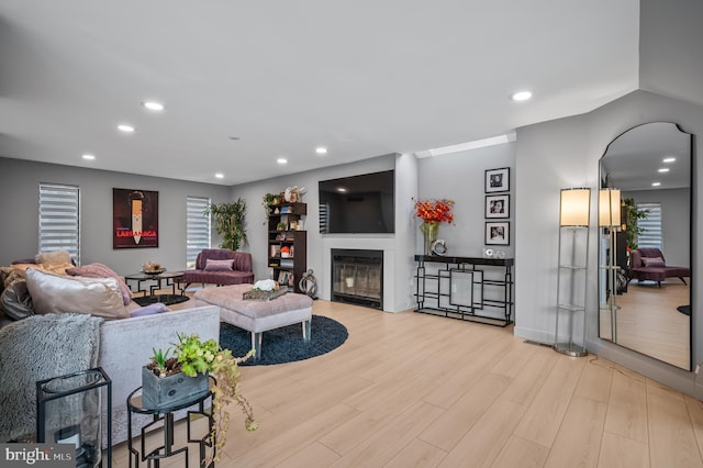 110 Rue Du Boise, Cherry Hill, NJ 08003 - living area featuring wood finished floors, a glass covered fireplace, and recessed lighting