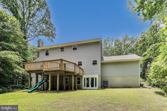 6260 Alpine Ct, Sunderland, MD 20689 - rear view of property with french doors, a lawn, a chimney, and a wooden deck