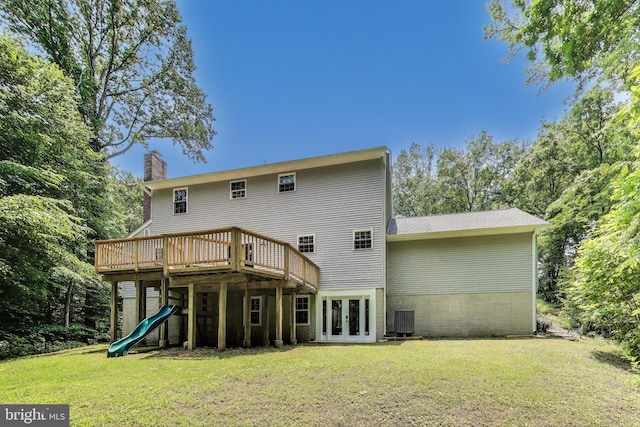 6260 Alpine Ct, Sunderland, MD 20689 - rear view of property with french doors, a lawn, a chimney, and a deck
