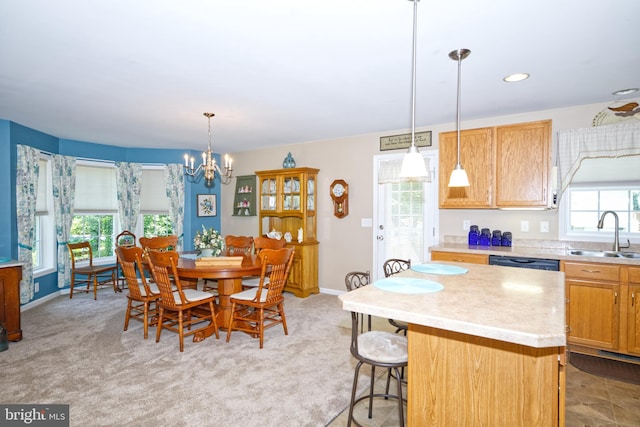 22890 Zoar Rd, Georgetown, DE 19947 - dining area featuring a chandelier, light colored carpet, and recessed lighting