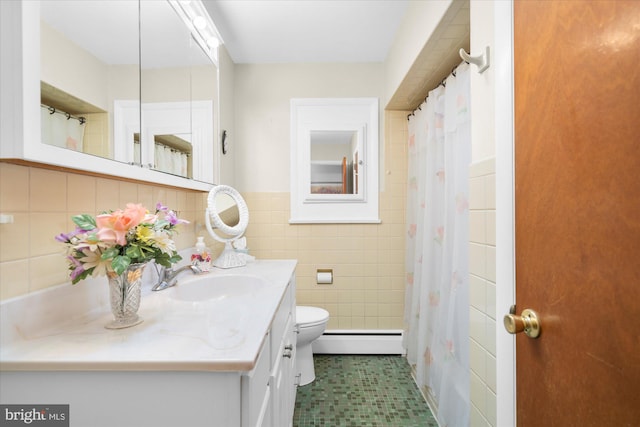 1122 N 14th St, Allentown, PA 18102 - bathroom with a baseboard radiator, vanity, tile walls, a shower with curtain, and wainscoting
