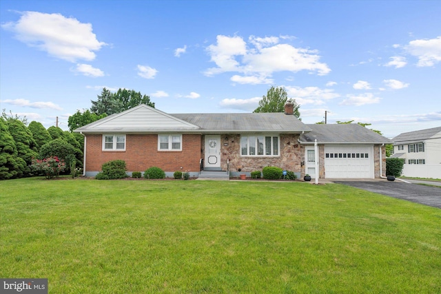 1122 N 14th St, Allentown, PA 18102 - ranch-style home with driveway, a garage, a front lawn, a chimney, and brick siding