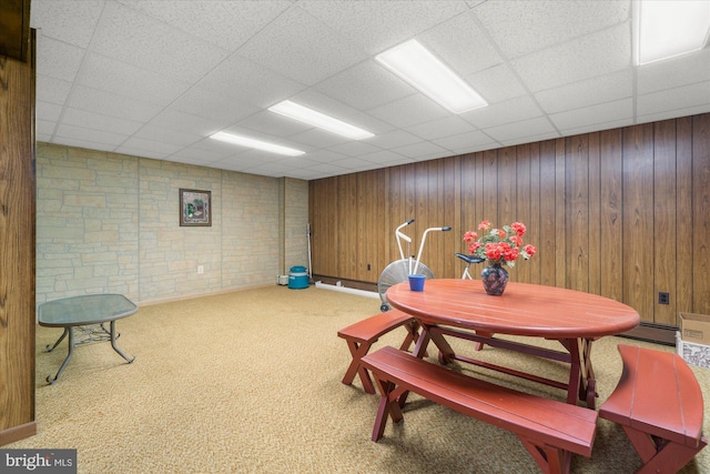 1122 N 14th St, Allentown, PA 18102 - playroom with carpet floors, baseboard heating, a paneled ceiling, and wooden walls