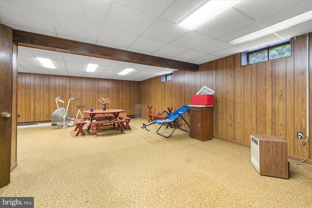 1122 N 14th St, Allentown, PA 18102 - playroom featuring a drop ceiling, carpet, and wooden walls