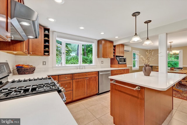 17435 Big Falls Rd, Monkton, MD 21111 - kitchen featuring stainless steel appliances, open shelves, wall chimney exhaust hood, light tile patterned floors, and backsplash
