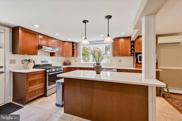17435 Big Falls Rd, Monkton, MD 21111 - kitchen with gas stove, open shelves, an AC wall unit, under cabinet range hood, and light tile patterned flooring