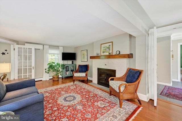 17435 Big Falls Rd, Monkton, MD 21111 - living area with a brick fireplace, a wall mounted AC, wood finished floors, and a baseboard heating unit