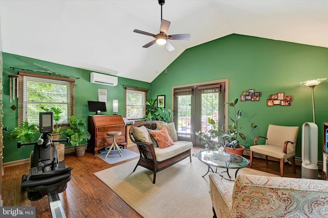 17435 Big Falls Rd, Monkton, MD 21111 - living area featuring a ceiling fan, french doors, a wall mounted air conditioner, wood finished floors, and high vaulted ceiling