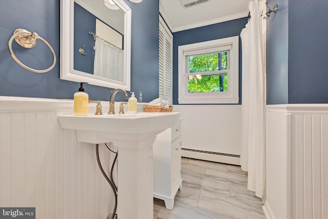 17435 Big Falls Rd, Monkton, MD 21111 - bathroom featuring a baseboard heating unit, a wainscoted wall, marble look tile flooring, crown molding, and a shower with shower curtain