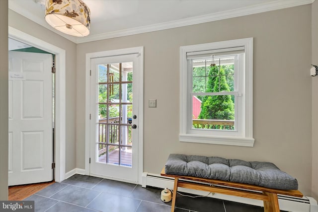 17435 Big Falls Rd, Monkton, MD 21111 - doorway featuring healthy amount of natural light, crown molding, dark tile patterned flooring, and a baseboard radiator