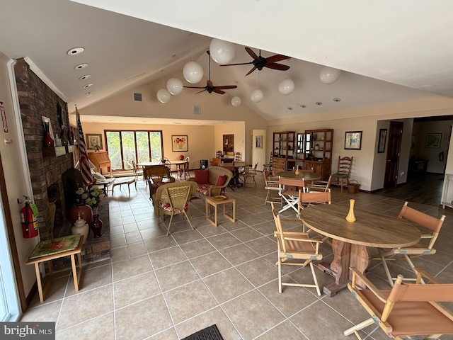 170 E Holly Ln, Tuckerton, NJ 08087 - dining room featuring light tile patterned floors, a brick fireplace, a ceiling fan, high vaulted ceiling, and recessed lighting