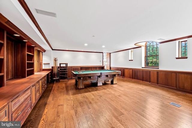 6316 Mossway, Baltimore, MD 21212 - game room featuring wainscoting, pool table, crown molding, and wood finished floors