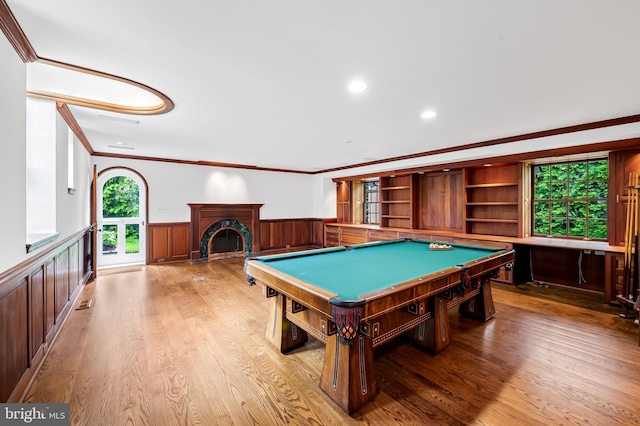 6316 Mossway, Baltimore, MD 21212 - rec room featuring wainscoting, ornamental molding, billiards, light wood-type flooring, and a fireplace