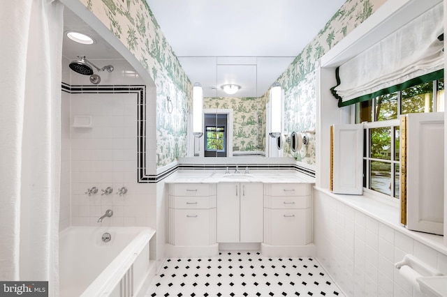 6316 Mossway, Baltimore, MD 21212 - bathroom with wallpapered walls, vanity, shower / tub combo with curtain, and tile patterned floors
