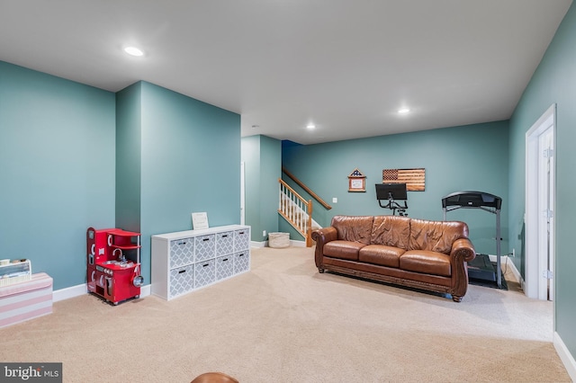542 Glade Fern Ter SE, Leesburg, VA 20175 - living room with carpet flooring, stairway, and recessed lighting