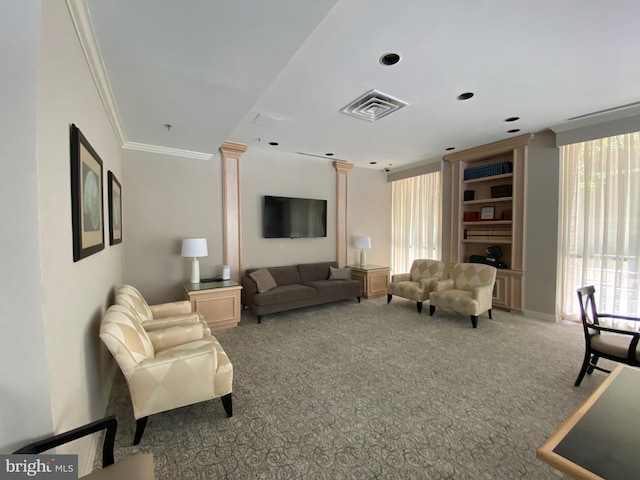 4808 Moorland Ln Unit 613, Bethesda, MD 20814 - living area with decorative columns, ornamental molding, and carpet flooring