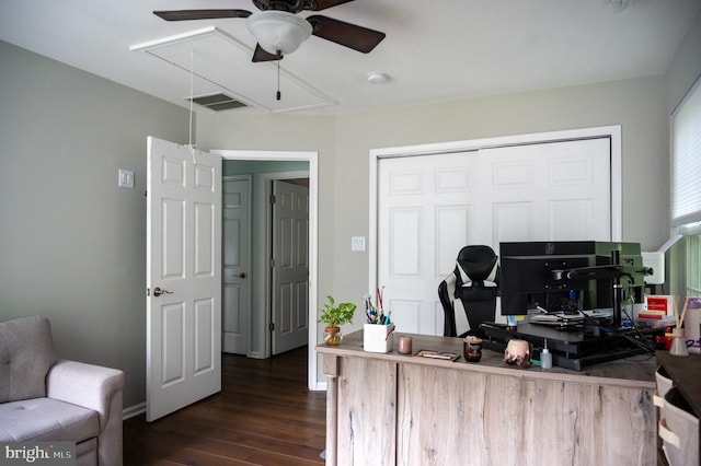 1411 Whispering Woods Ct, Williamstown, NJ 08094 - office space with attic access, a ceiling fan, and dark wood-type flooring