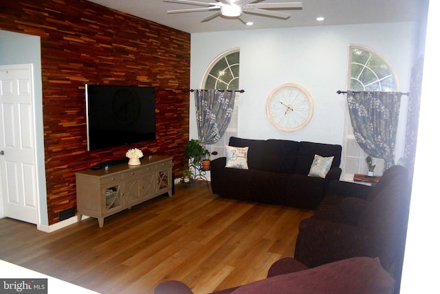 1411 Whispering Woods Ct, Williamstown, NJ 08094 - living room with a ceiling fan, wood finished floors, and recessed lighting