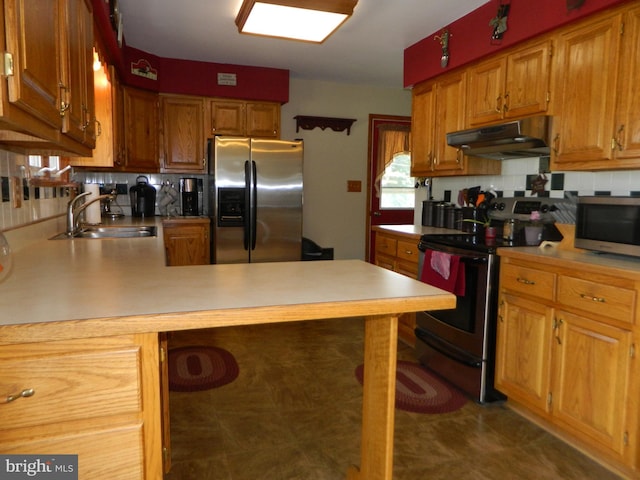 201 Cherry St, Millheim, PA 16854 - kitchen with appliances with stainless steel finishes, under cabinet range hood, backsplash, a peninsula, and light countertops