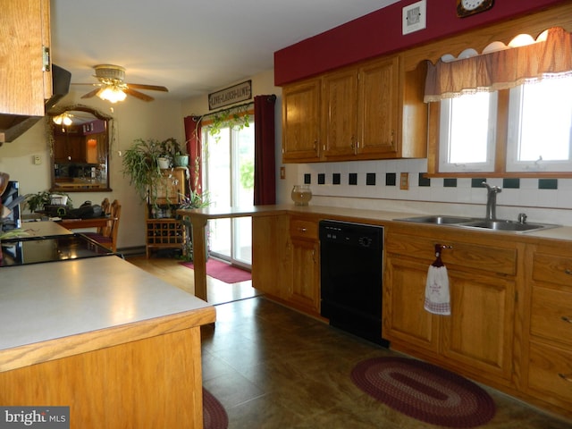201 Cherry St, Millheim, PA 16854 - kitchen featuring dishwasher, brown cabinetry, ceiling fan, light countertops, and tasteful backsplash