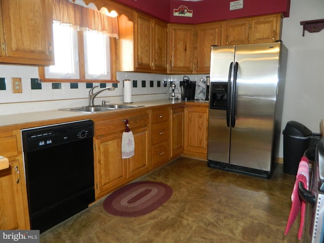 201 Cherry St, Millheim, PA 16854 - kitchen featuring stainless steel fridge, dishwasher, brown cabinets, light countertops, and backsplash