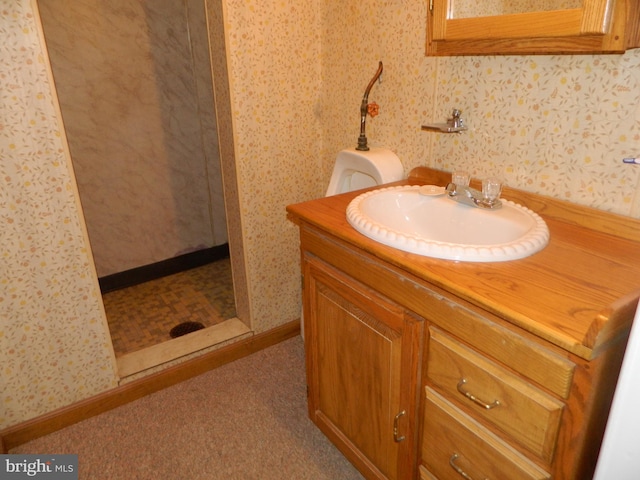 201 Cherry St, Millheim, PA 16854 - bathroom with wallpapered walls, vanity, and a walk in shower