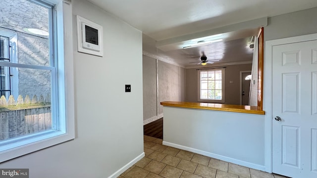 3436 D St, Philadelphia, PA 19134 - kitchen featuring ceiling fan, light tile patterned flooring, and crown molding