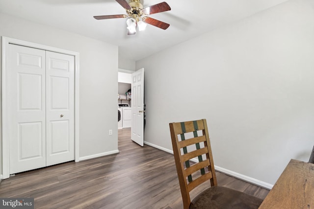 11736 Rockaway Ln Unit 101, Fairfax, VA 22030 - bedroom with washer and clothes dryer, dark wood finished floors, a closet, and a ceiling fan