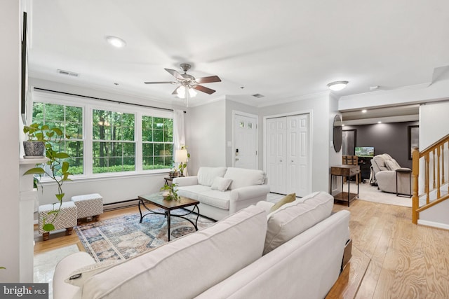 11736 Rockaway Ln Unit 101, Fairfax, VA 22030 - living room with ceiling fan, light wood-type flooring, ornamental molding, stairs, and baseboard heating