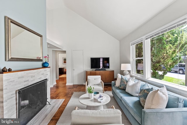 7001 Sycamore Ave, Takoma Park, MD 20912 - living area featuring high vaulted ceiling and a fireplace