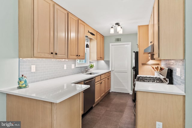 7001 Sycamore Ave, Takoma Park, MD 20912 - kitchen with under cabinet range hood, stainless steel dishwasher, a peninsula, and tasteful backsplash
