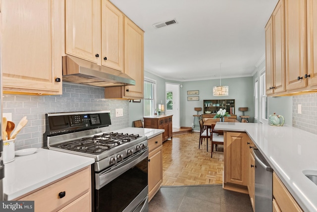 7001 Sycamore Ave, Takoma Park, MD 20912 - kitchen featuring stainless steel appliances, under cabinet range hood, light brown cabinets, ornamental molding, and light countertops