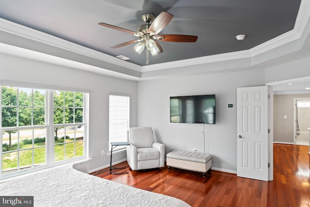 42066 Fiddlehead Pl, Aldie, VA 20105 - bedroom featuring crown molding, a raised ceiling, wood finished floors, and a ceiling fan