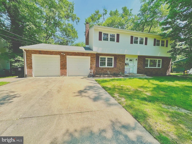 76 Stonicker Dr, Lawrence, NJ 08648 - view of front facade featuring an attached garage, concrete driveway, a front lawn, brick siding, and a chimney