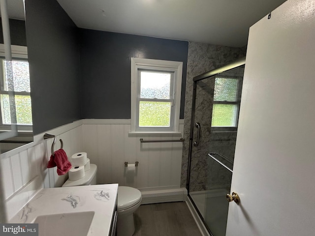 305 Reservoir Rd, Mechanicsburg, PA 17055 - full bathroom with a wainscoted wall, healthy amount of natural light, a stall shower, wood finished floors, and vanity