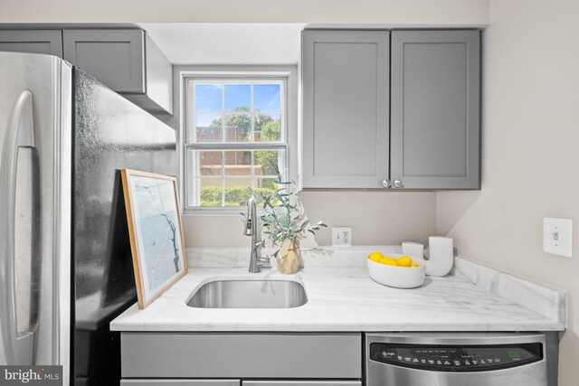 2050 N Calvert St Unit 410, Arlington, VA 22201 - kitchen with freestanding refrigerator, gray cabinetry, dishwasher, and light countertops