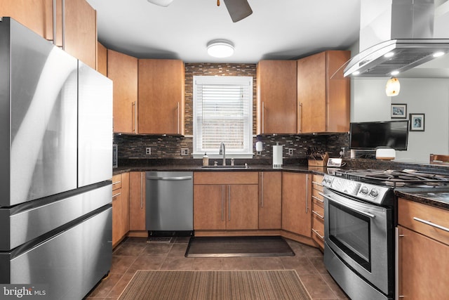 7615 Belmont Ave, Baltimore, MD 21224 - kitchen with appliances with stainless steel finishes, wall chimney range hood, backsplash, and dark tile patterned flooring