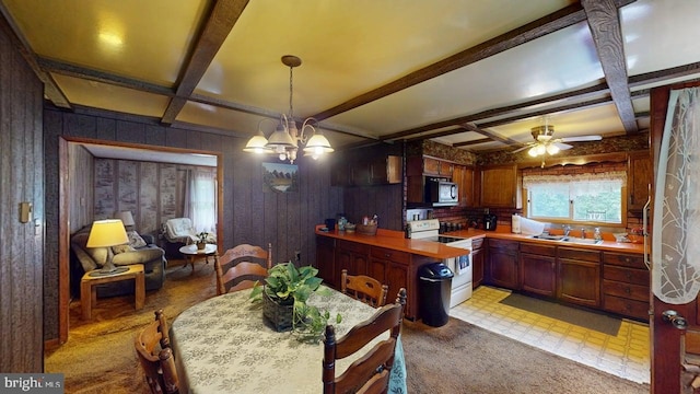 10495 Knobley Rd, Keyser, WV 26726 - kitchen featuring white range with electric cooktop, coffered ceiling, black microwave, a ceiling fan, and beam ceiling