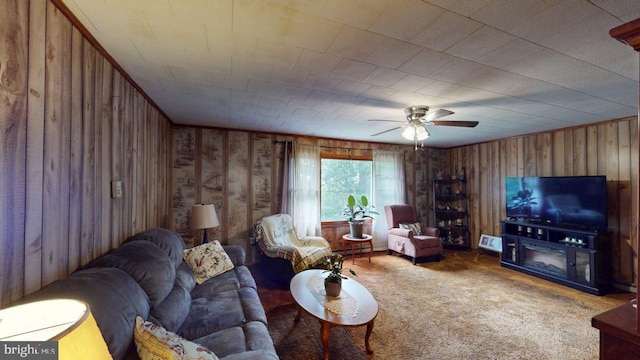 10495 Knobley Rd, Keyser, WV 26726 - carpeted living area with ceiling fan and wood walls