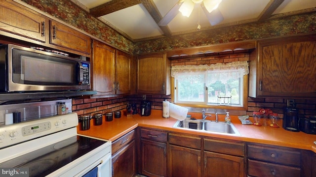 10495 Knobley Rd, Keyser, WV 26726 - kitchen with electric range, light countertops, a ceiling fan, and tasteful backsplash