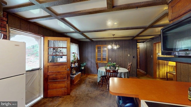 10495 Knobley Rd, Keyser, WV 26726 - dining space with coffered ceiling, wood walls, a chandelier, and beam ceiling