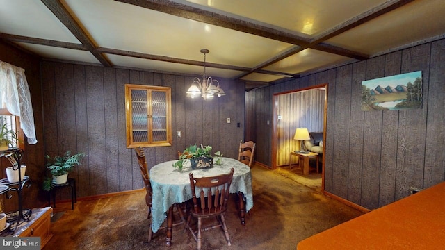 10495 Knobley Rd, Keyser, WV 26726 - dining room featuring coffered ceiling, wooden walls, a chandelier, carpet floors, and beamed ceiling