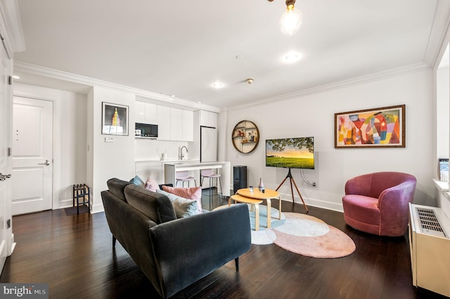 1701 Locust St Unit 1607, Philadelphia, PA 19103 - living area with crown molding, dark wood-style flooring, and recessed lighting