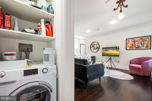 1701 Locust St Unit 1607, Philadelphia, PA 19103 - laundry area with crown molding, wood finished floors, and hookup for a washing machine
