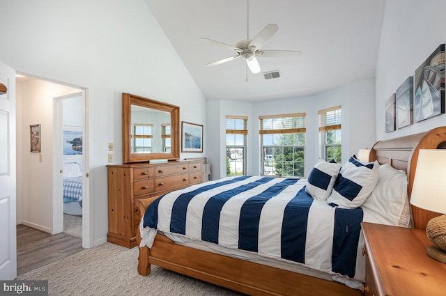 245 Blue Bill Ln Unit 245-D, Havre De Grace, MD 21078 - bedroom with high vaulted ceiling, wood finished floors, and ceiling fan