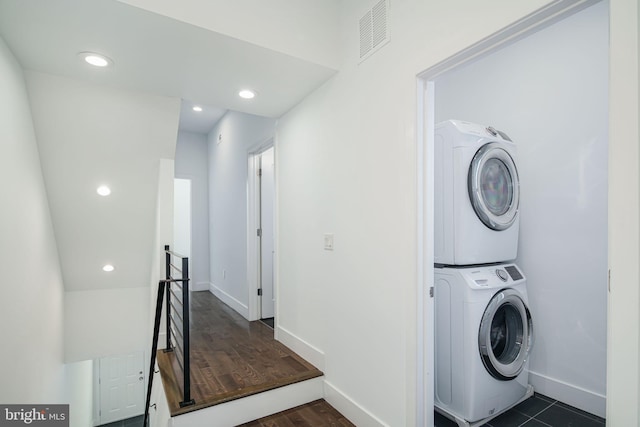 1737 N 28th St, Philadelphia, PA 19121 - laundry room featuring stacked washer / drying machine, recessed lighting, and dark wood finished floors